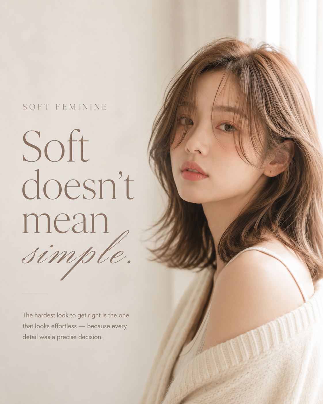 Soft Feminine — Asian woman, milk tea brown soft waves, cream cardigan, warm natural light