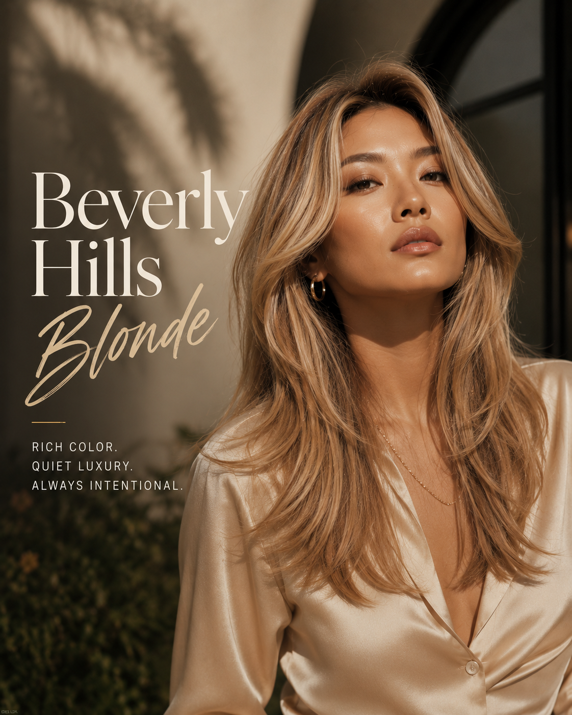 Beverly Hills Blonde — Asian woman with warm honey golden blonde, high-gloss silk blouse