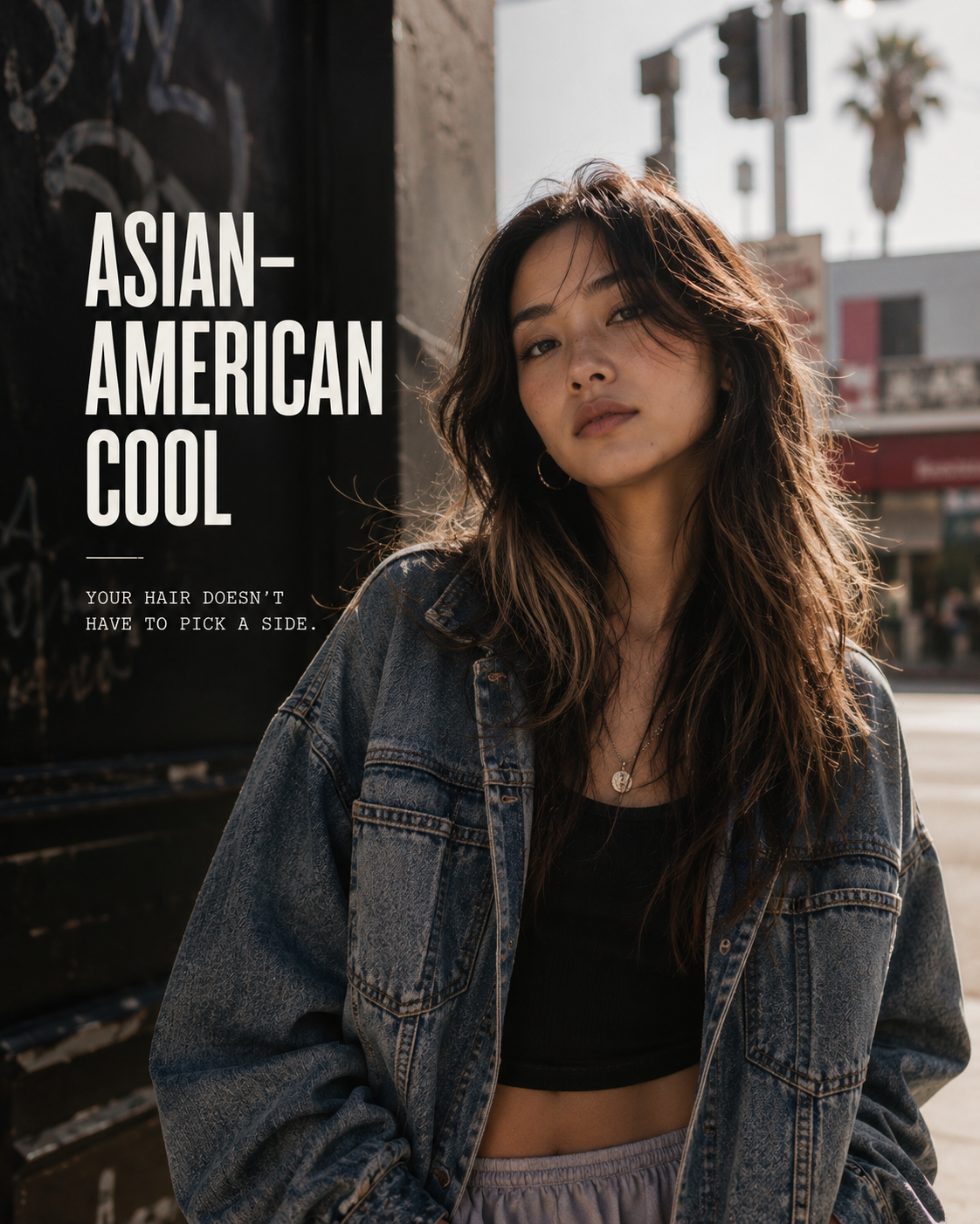Asian-American Cool — woman with textured layers and lived-in warm brown, downtown LA