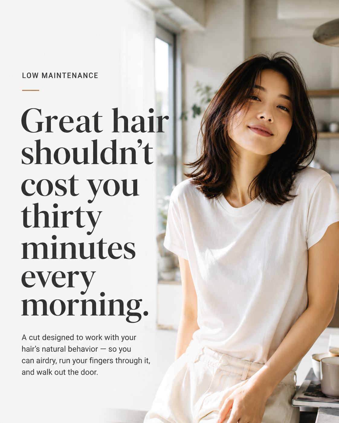 Asian woman, airdried medium-length hair, morning light, white tee