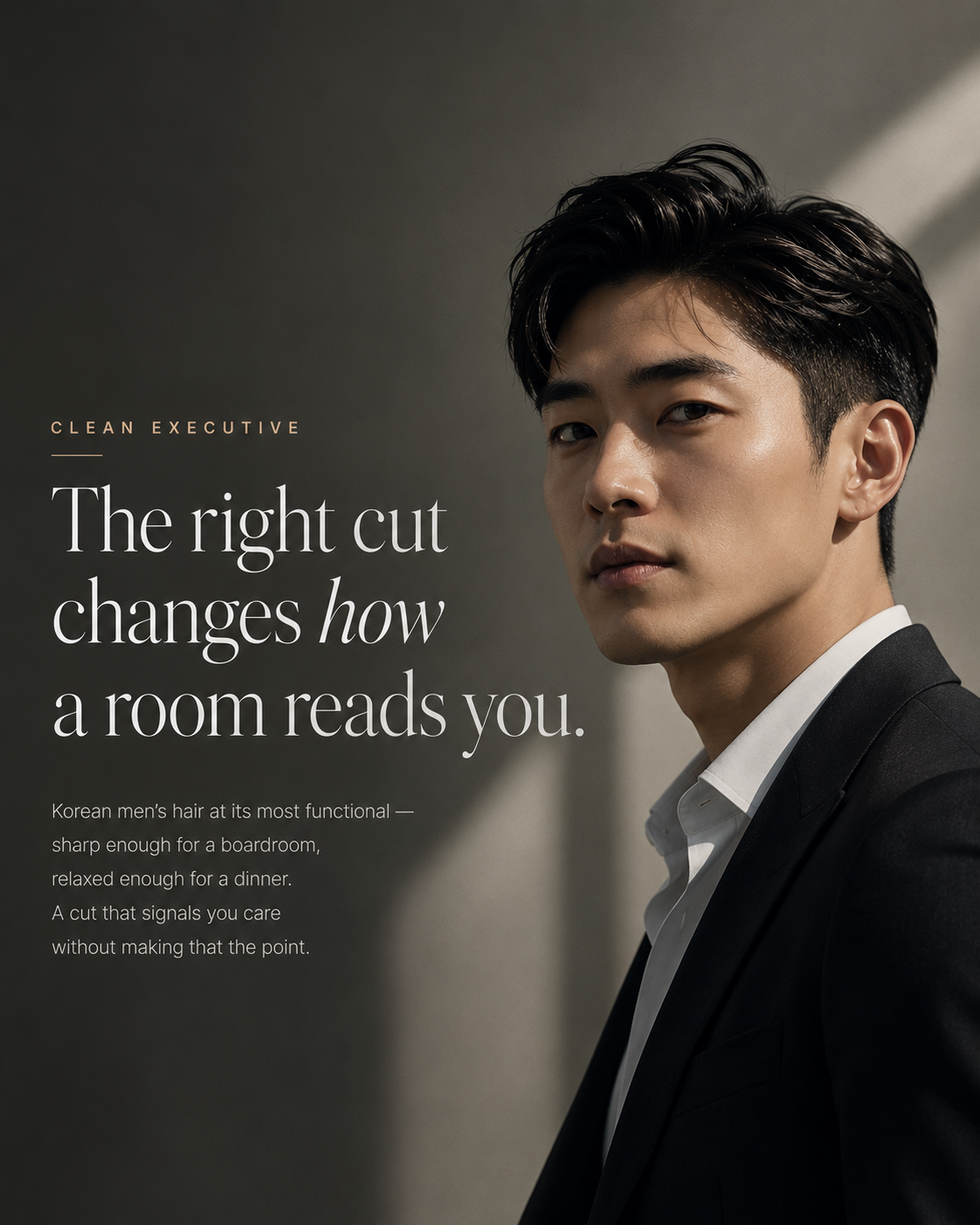 Clean Executive — Korean two-block cut on Asian man in structured blazer
