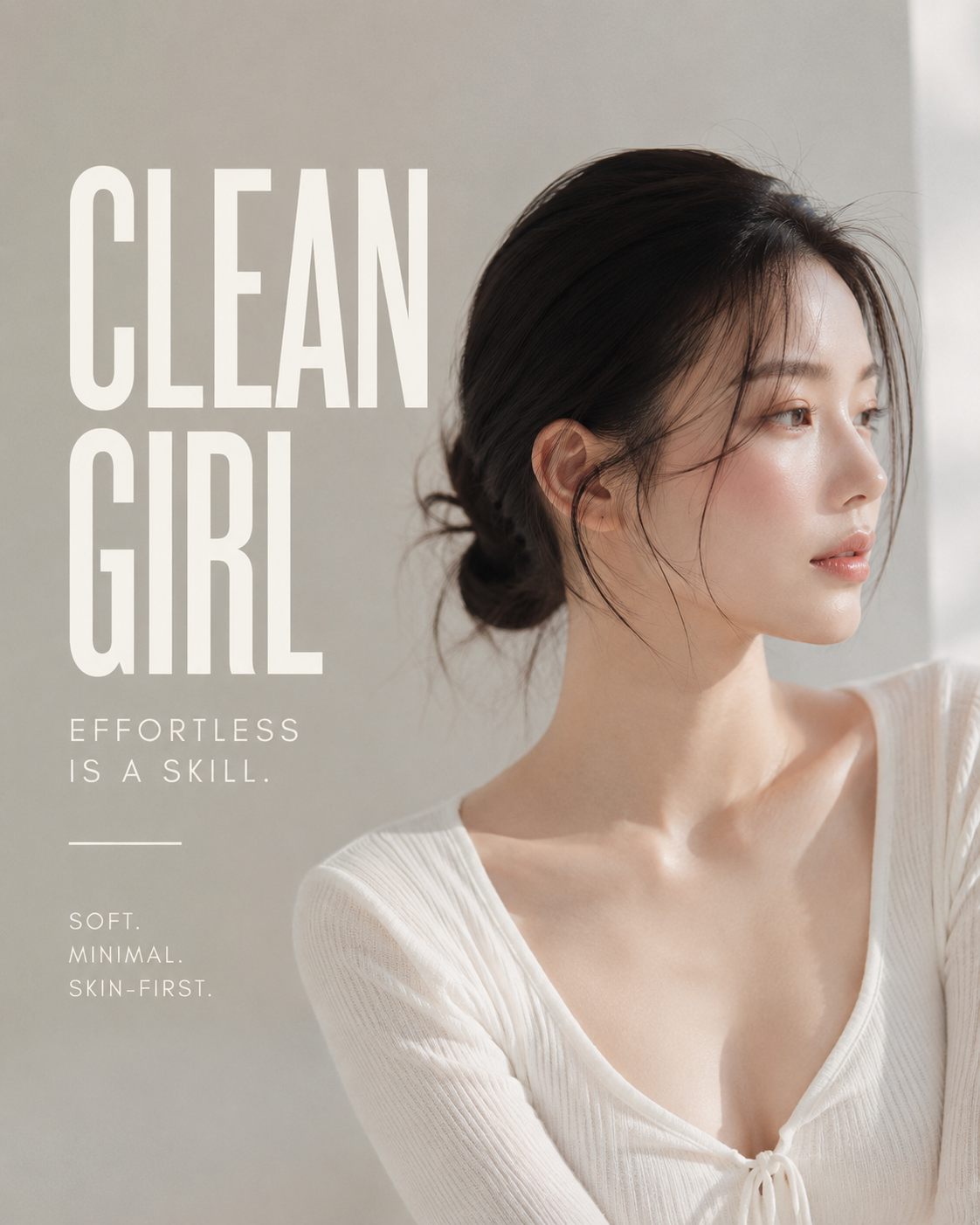 Clean Girl — Asian woman with soft low bun, baby hairs, glass skin, white top, morning light