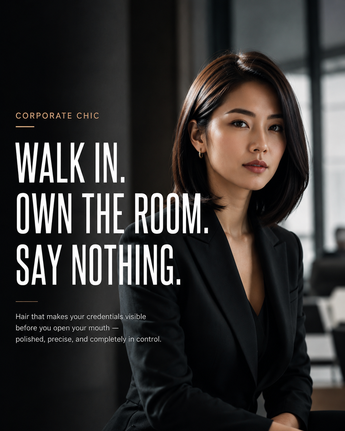 Asian woman with sleek collarbone bob in dark blazer, corporate office