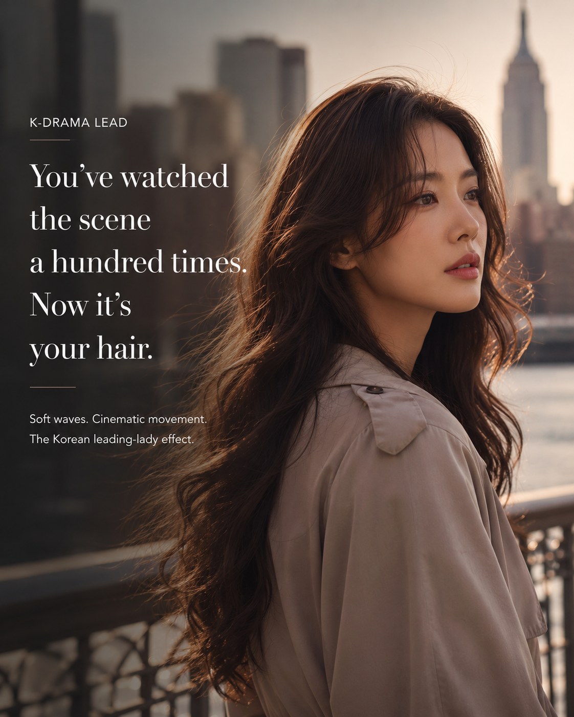 Asian woman, long soft waves, warm backlight, cinematic city skyline