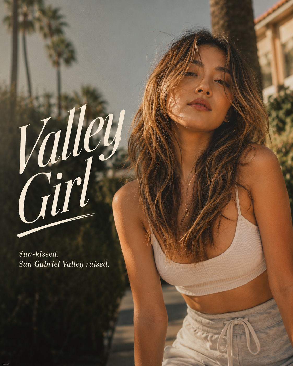 Valley Girl — Asian-American woman with warm California honey highlights and beachy waves in golden light